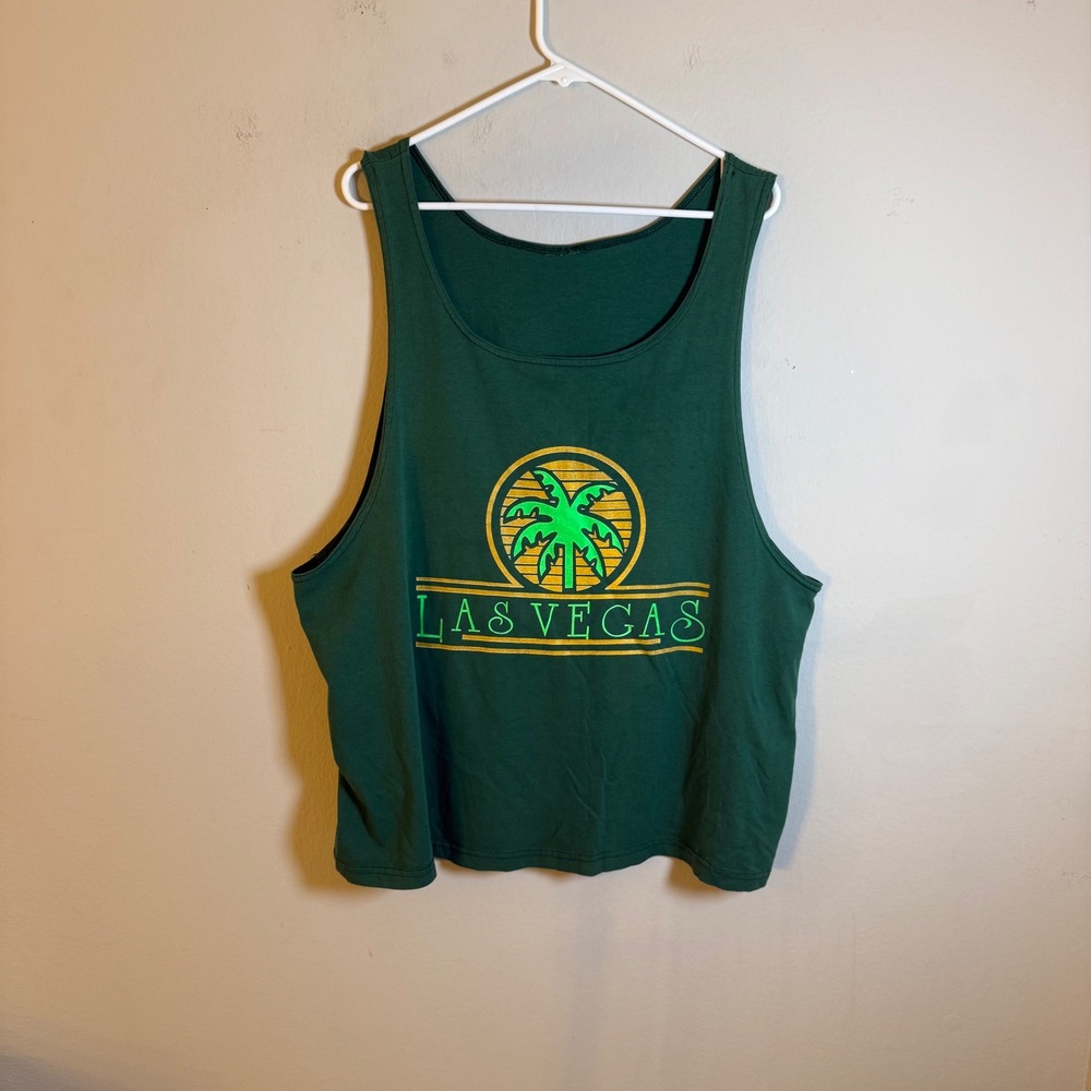 Vintage Las Vegas Palm Tree Graphic Tank Top Forest Green Mens XL Boxy Fit